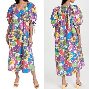 Rhode Carly Cotton Floral Blue Purple Puff Sleeve Midi Dress S